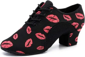 JUODVMP Women's Ballroom Dance Shoes Red Lips Mesh Closedtoe Salsa Professional Practice Low Heel Dance Shoes