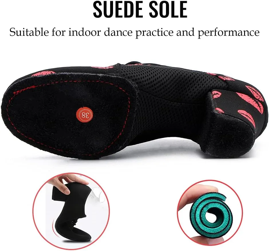 JUODVMP Women's Ballroom Dance Shoes Red Lips Mesh Closedtoe Salsa Professional Practice Low Heel Dance Shoes