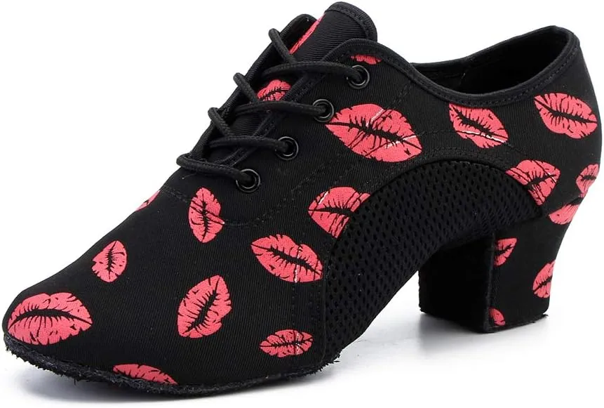 JUODVMP Women's Ballroom Dance Shoes Red Lips Mesh Closedtoe Salsa Professional Practice Low Heel Dance Shoes