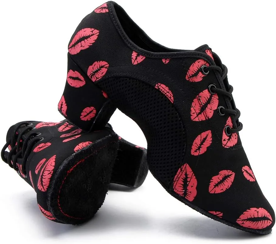 JUODVMP Women's Ballroom Dance Shoes Red Lips Mesh Closedtoe Salsa Professional Practice Low Heel Dance Shoes