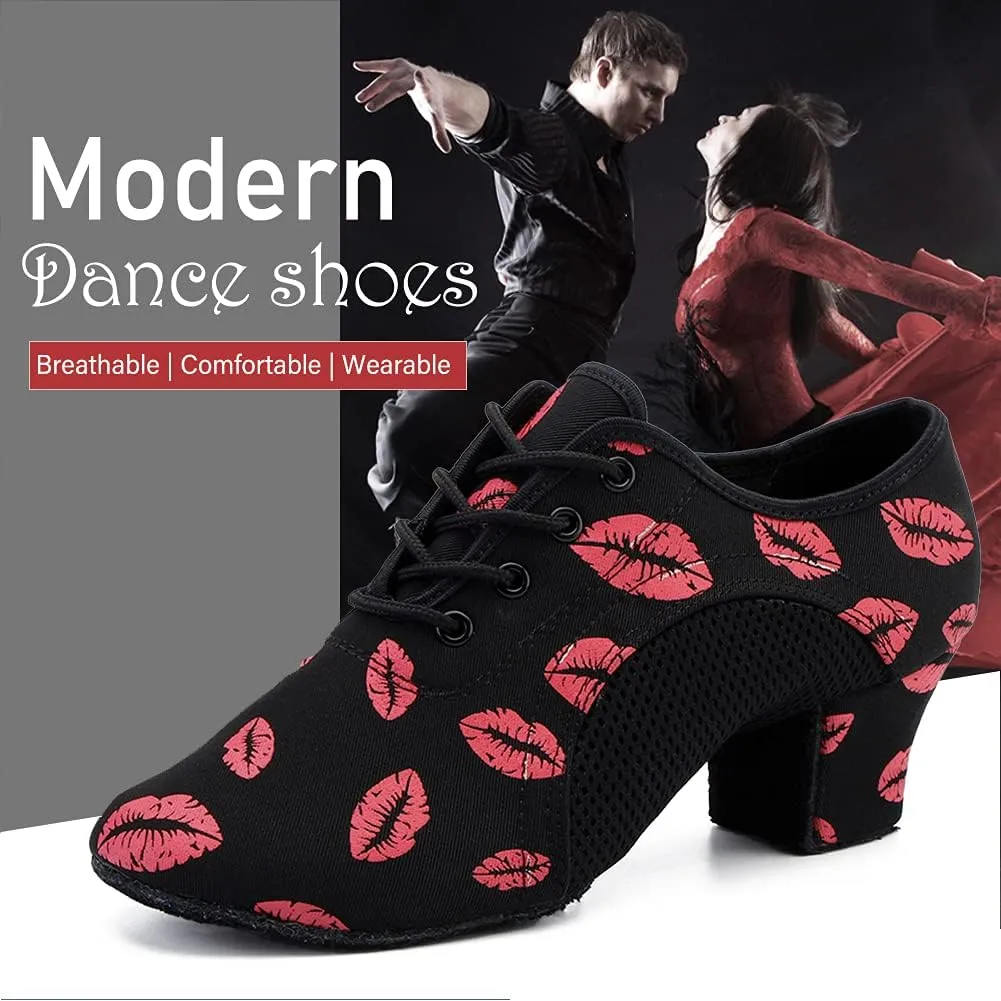 JUODVMP Women's Ballroom Dance Shoes Red Lips Mesh Closedtoe Salsa Professional Practice Low Heel Dance Shoes