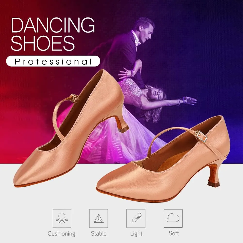 JUODVMP Women's Ballroom Shoes Satin Pumps Ankle Strap Modern Dance Heels Model WX138