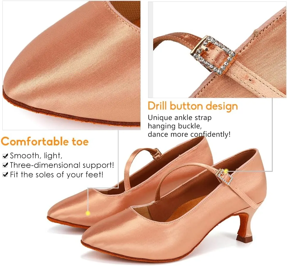 JUODVMP Women's Ballroom Shoes Satin Pumps Ankle Strap Modern Dance Heels Model WX138