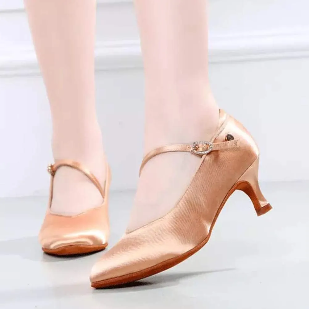 JUODVMP Women's Ballroom Shoes Satin Pumps Ankle Strap Modern Dance Heels Model WX138