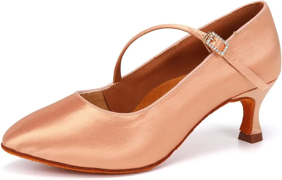 JUODVMP Women's Ballroom Shoes Satin Pumps Ankle Strap Modern Dance Heels Model WX138