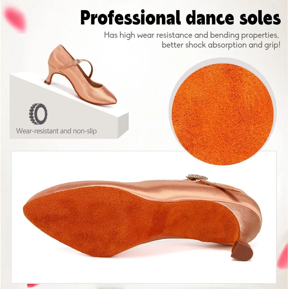 JUODVMP Women's Ballroom Shoes Satin Pumps Ankle Strap Modern Dance Heels Model WX138