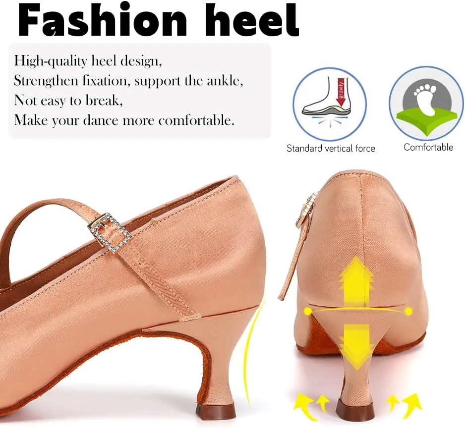 JUODVMP Women's Ballroom Shoes Satin Pumps Ankle Strap Modern Dance Heels Model WX138