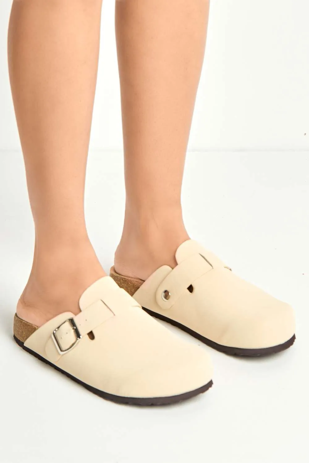 Klara Cork Sole Buckle Detail Clogs in Cream