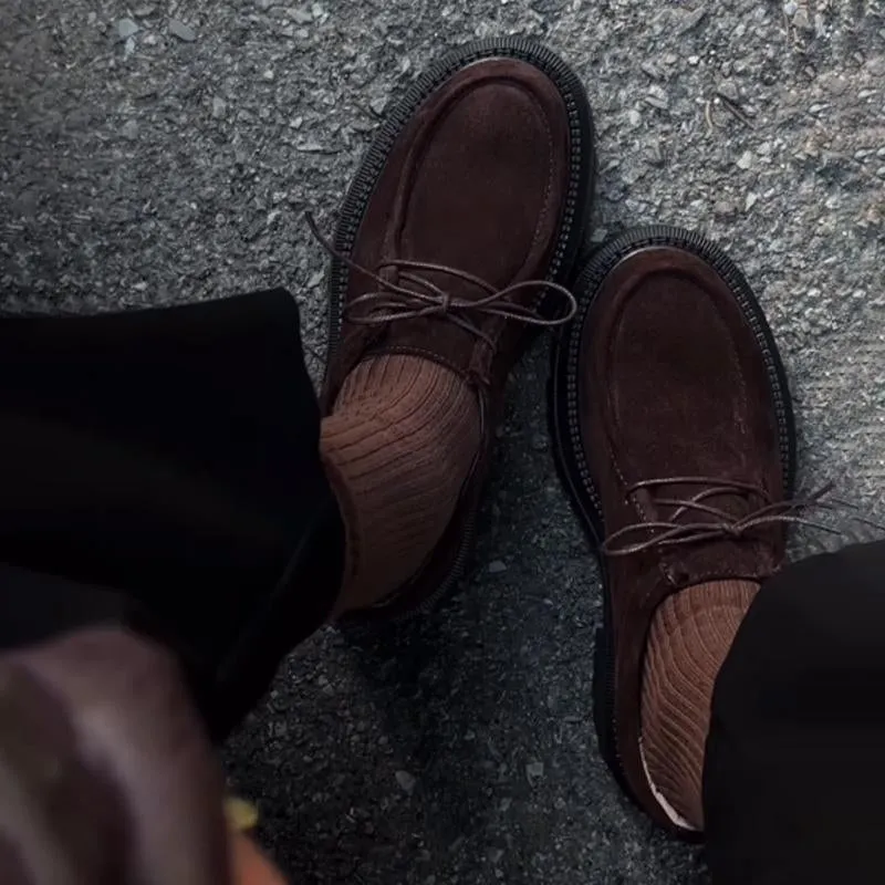 Leather Thick-Heeled Lace Up Loafers