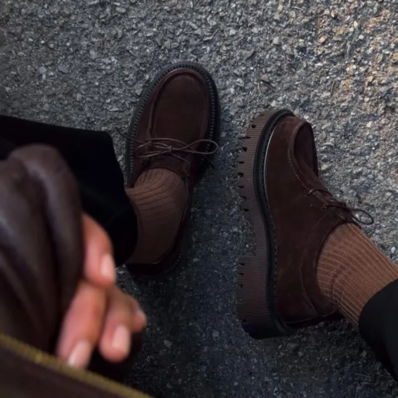 Leather Thick-Heeled Lace Up Loafers