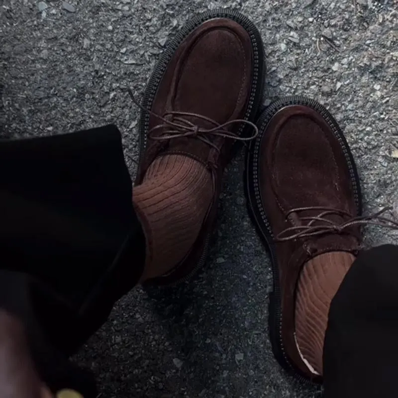 Leather Thick-Heeled Lace Up Loafers