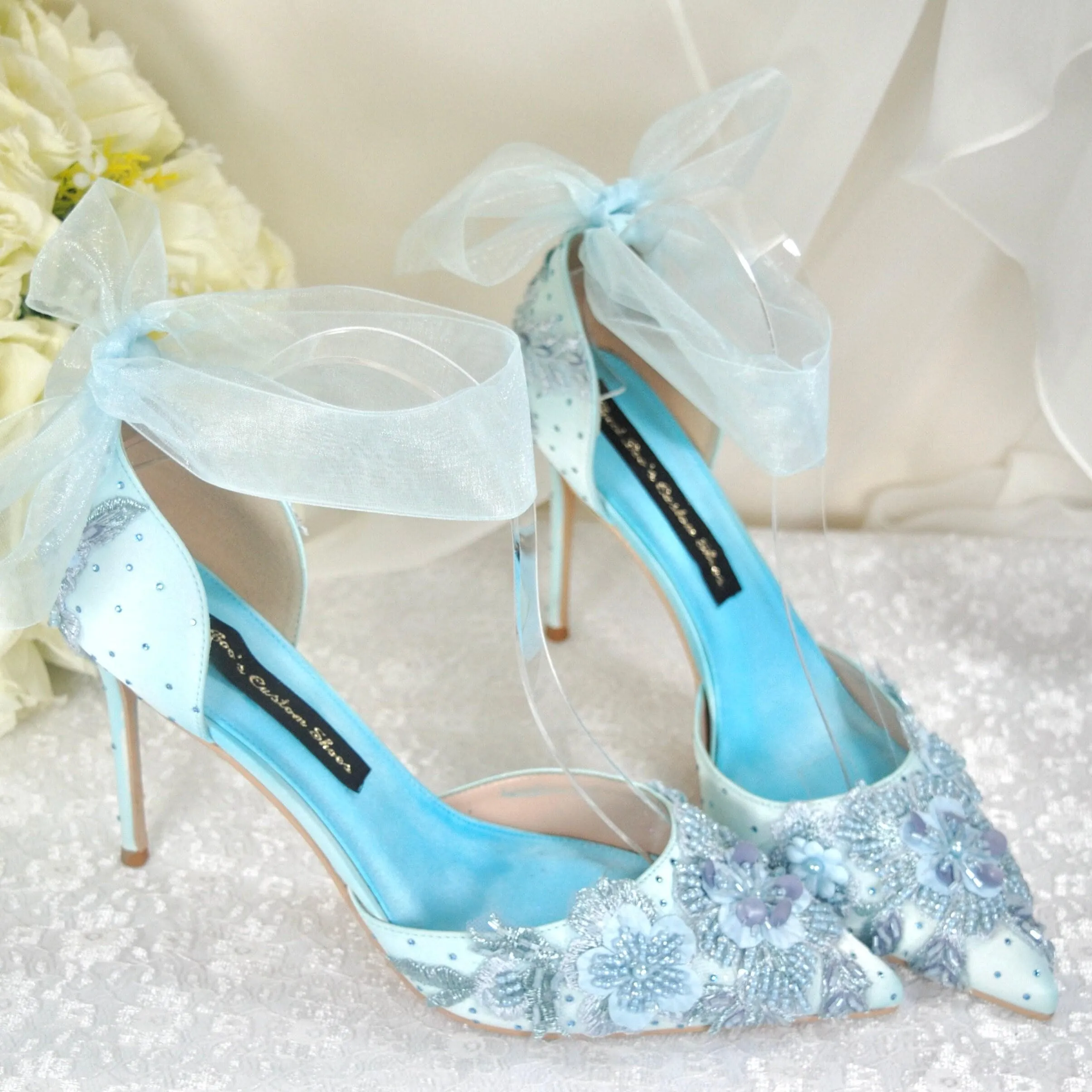 Light Blue Floral Beaded Heels Size UK8/US9.5