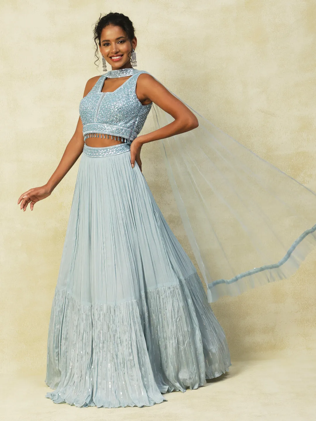 Light Blue Georgette Lehenga With Cutdana Handwork