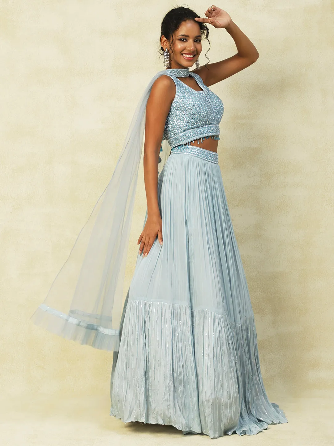 Light Blue Georgette Lehenga With Cutdana Handwork