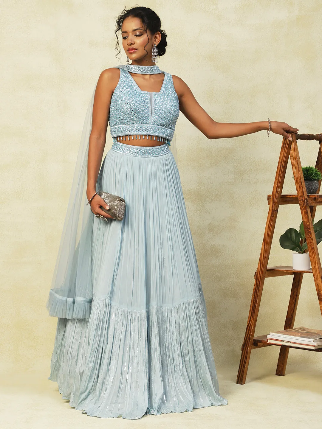 Light Blue Georgette Lehenga With Cutdana Handwork