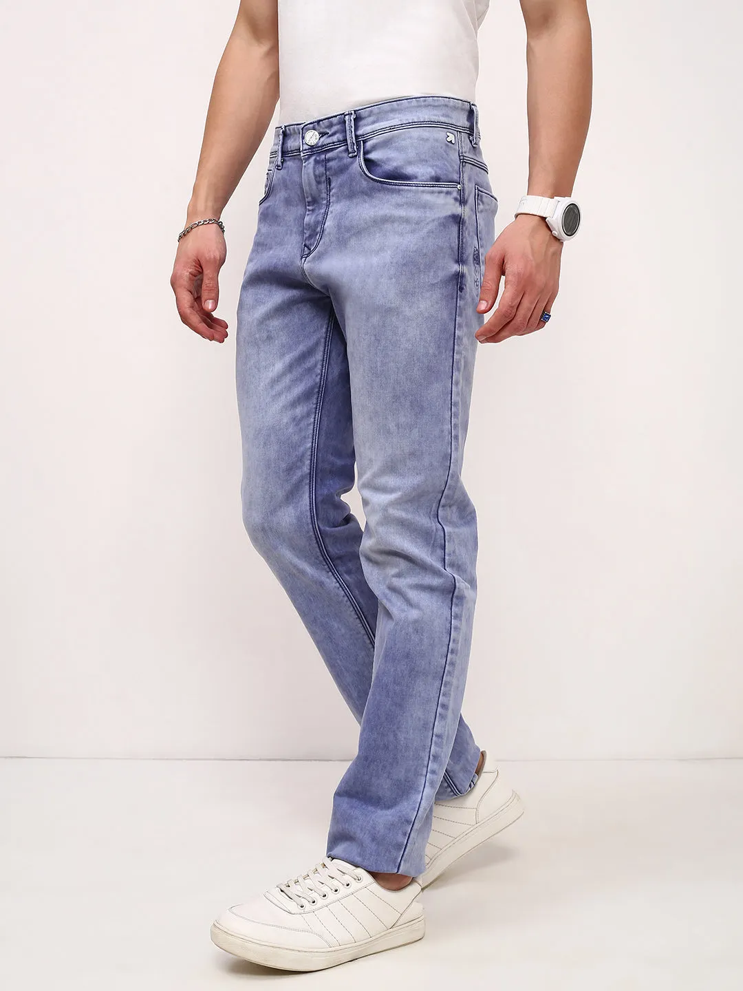 Men Blue Solid Straight Fit Heavy Fade Stretchable Jeans