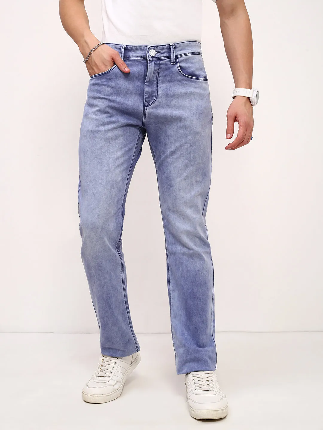 Men Blue Solid Straight Fit Heavy Fade Stretchable Jeans