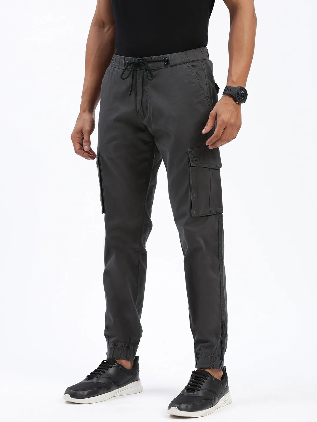 Men Charcoal Comfort Slim Fit Low-Rise Joggers Trousers