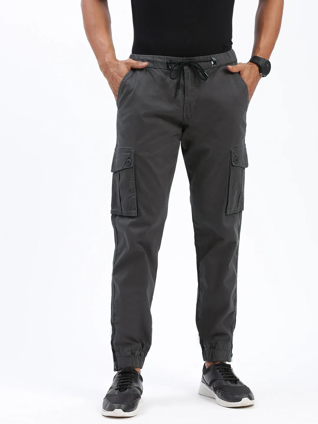 Men Charcoal Comfort Slim Fit Low-Rise Joggers Trousers