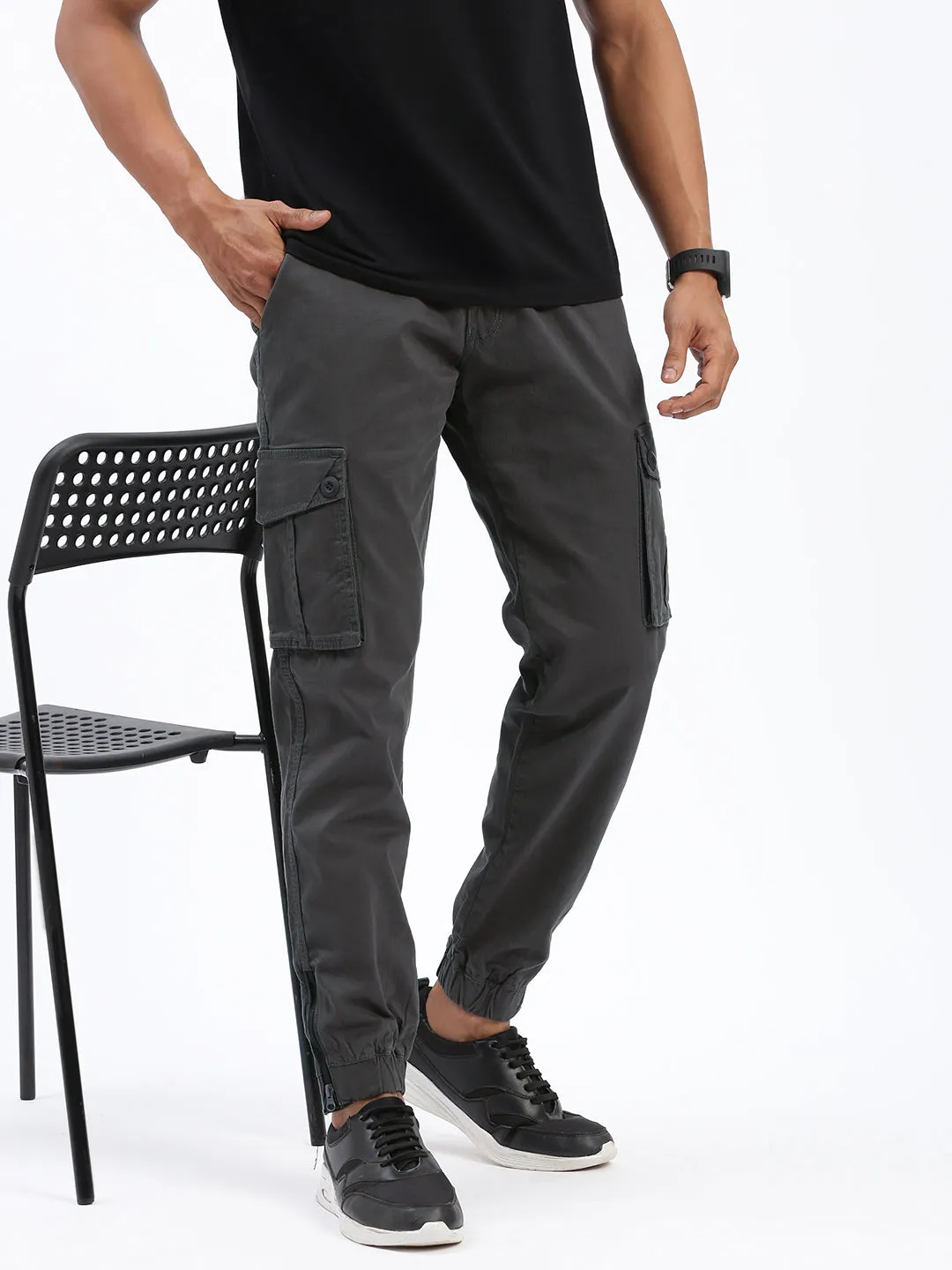 Men Charcoal Comfort Slim Fit Low-Rise Joggers Trousers