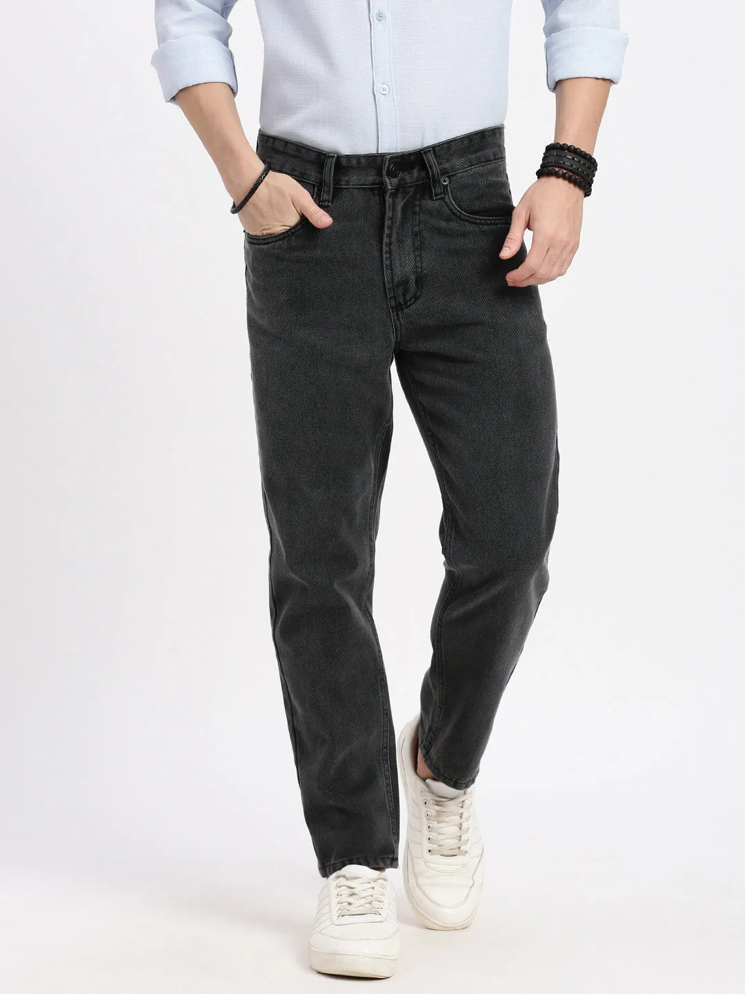 Men Grey Comfort Light Fade Mid-Rise Acid Wash Jeans