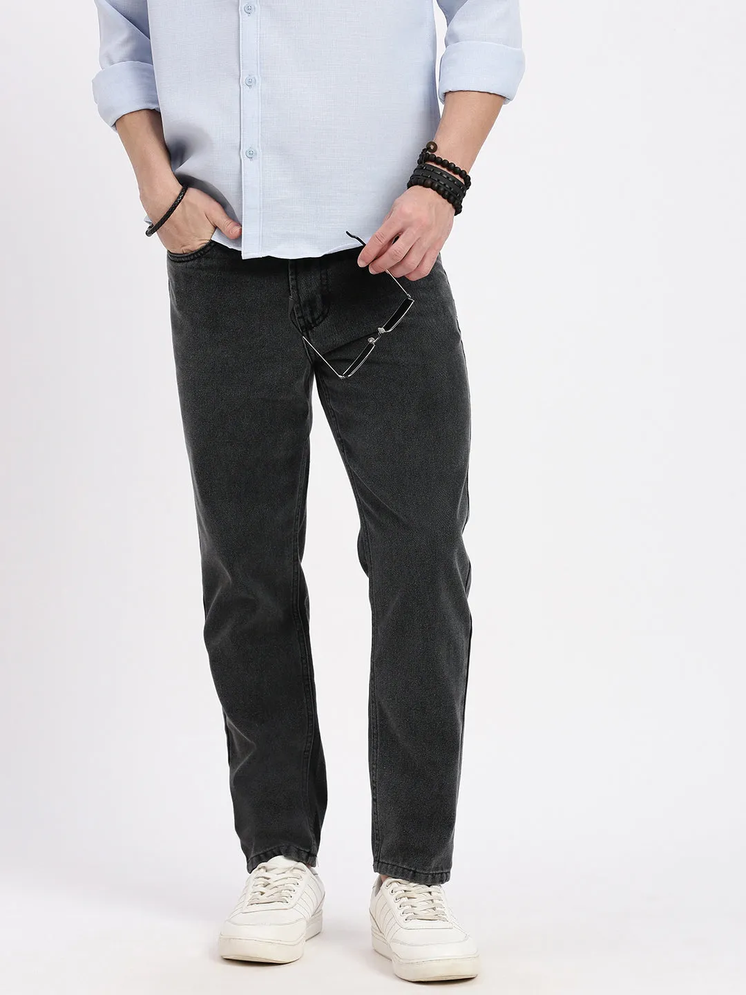 Men Grey Comfort Light Fade Mid-Rise Acid Wash Jeans