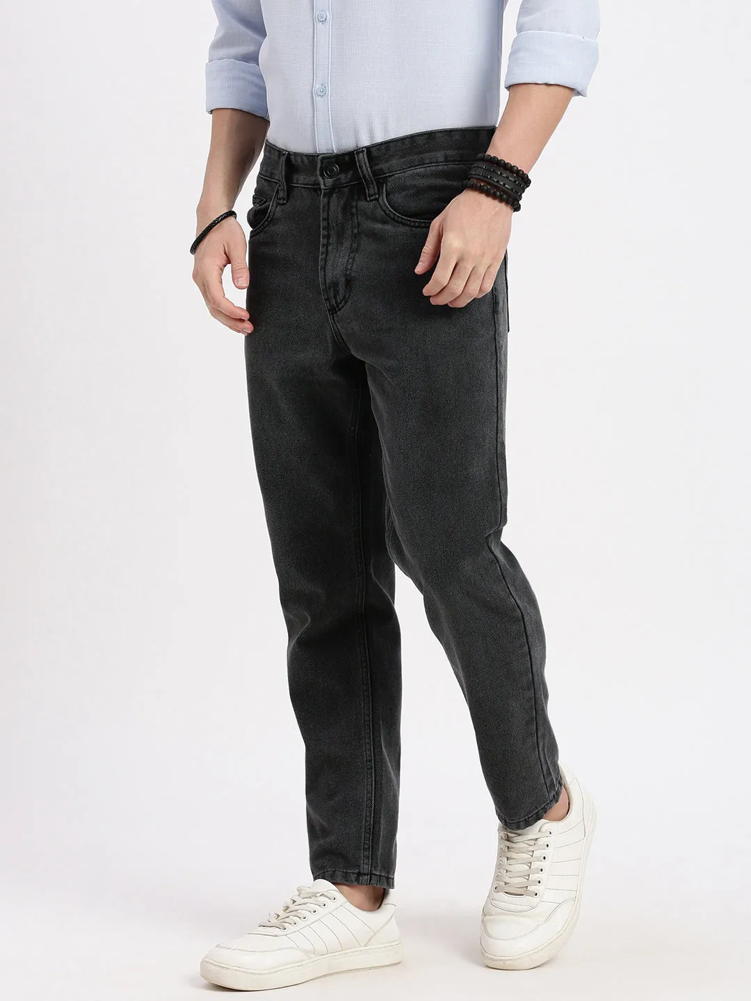 Men Grey Comfort Light Fade Mid-Rise Acid Wash Jeans