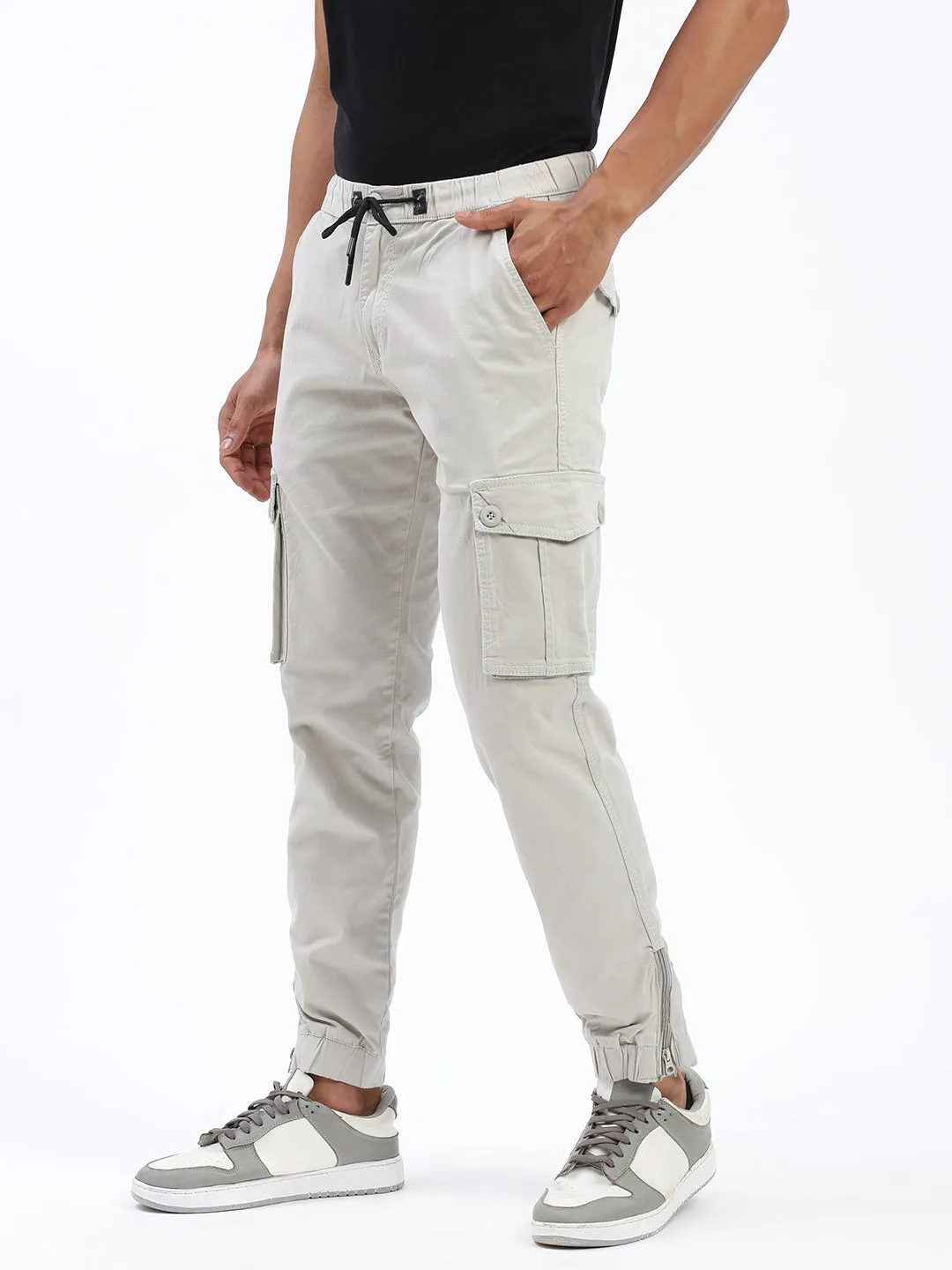 Men Grey Cotton Comfort Slim Fit Low-Rise Joggers Trousers
