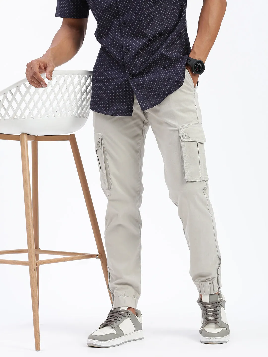Men Grey Cotton Comfort Slim Fit Low-Rise Joggers Trousers