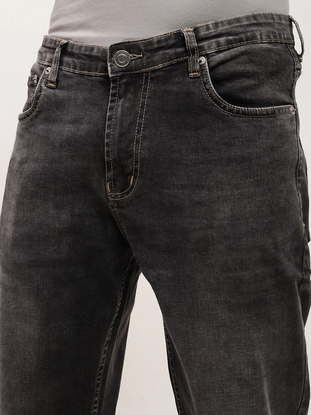 Men Grey Solid Straight Fit Acid Wash Stretchable Jeans