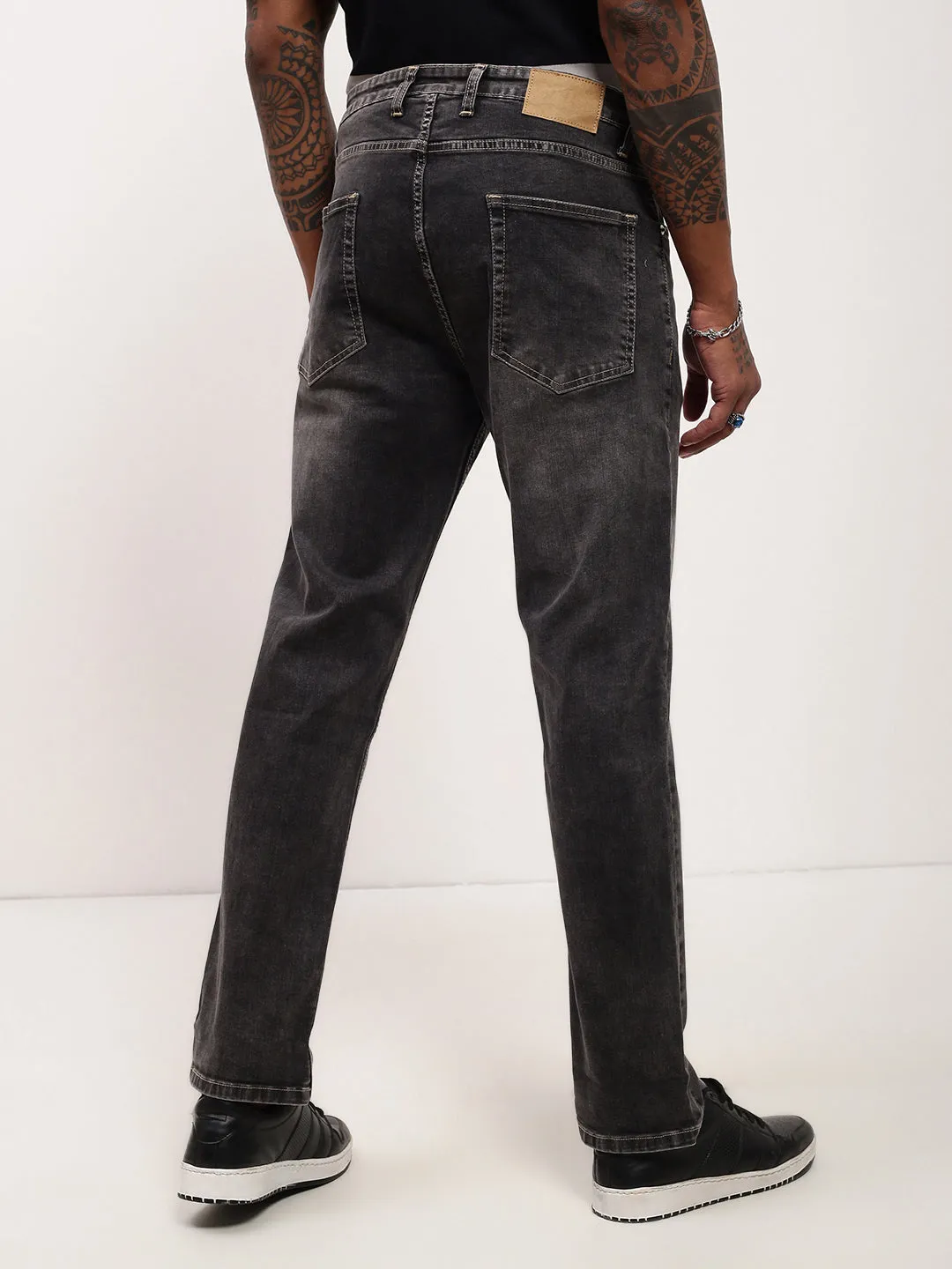Men Grey Solid Straight Fit Acid Wash Stretchable Jeans