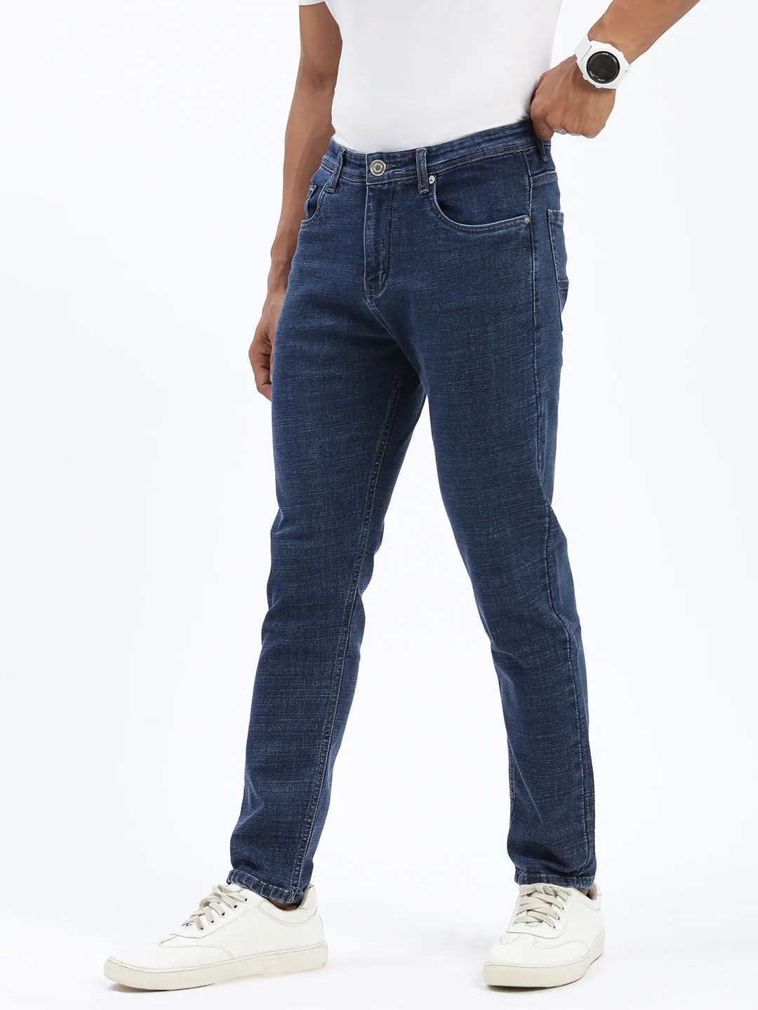 Men Navy Blue Comfort Slim Fit Mid-Rise Cotton Light Fade Acid Wash Jeans