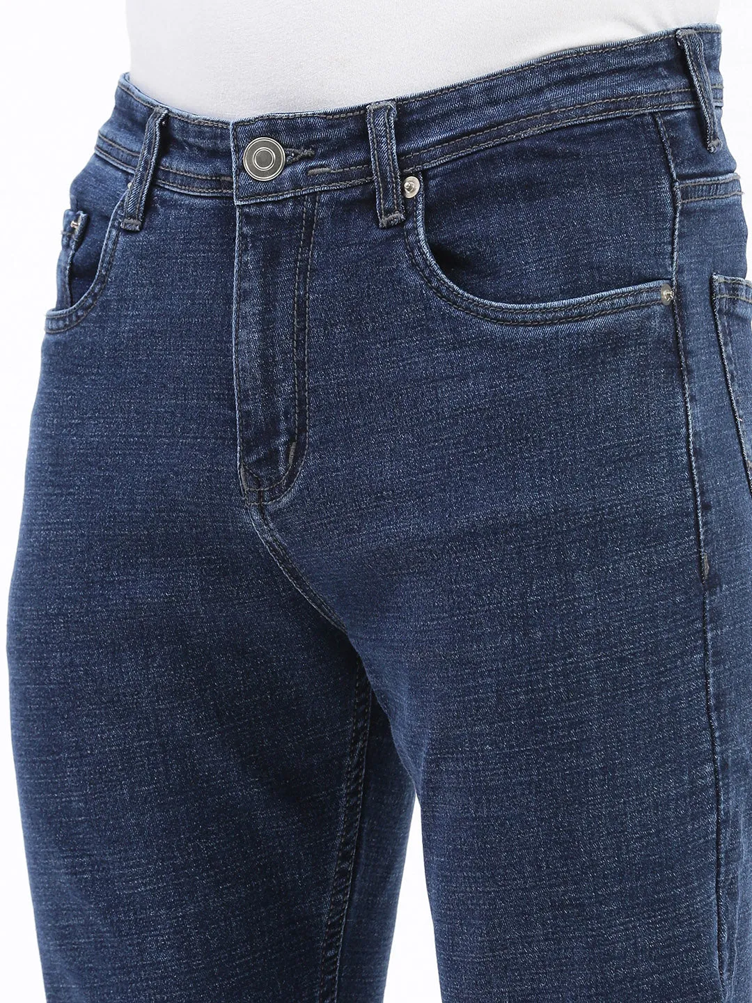 Men Navy Blue Comfort Slim Fit Mid-Rise Cotton Light Fade Acid Wash Jeans