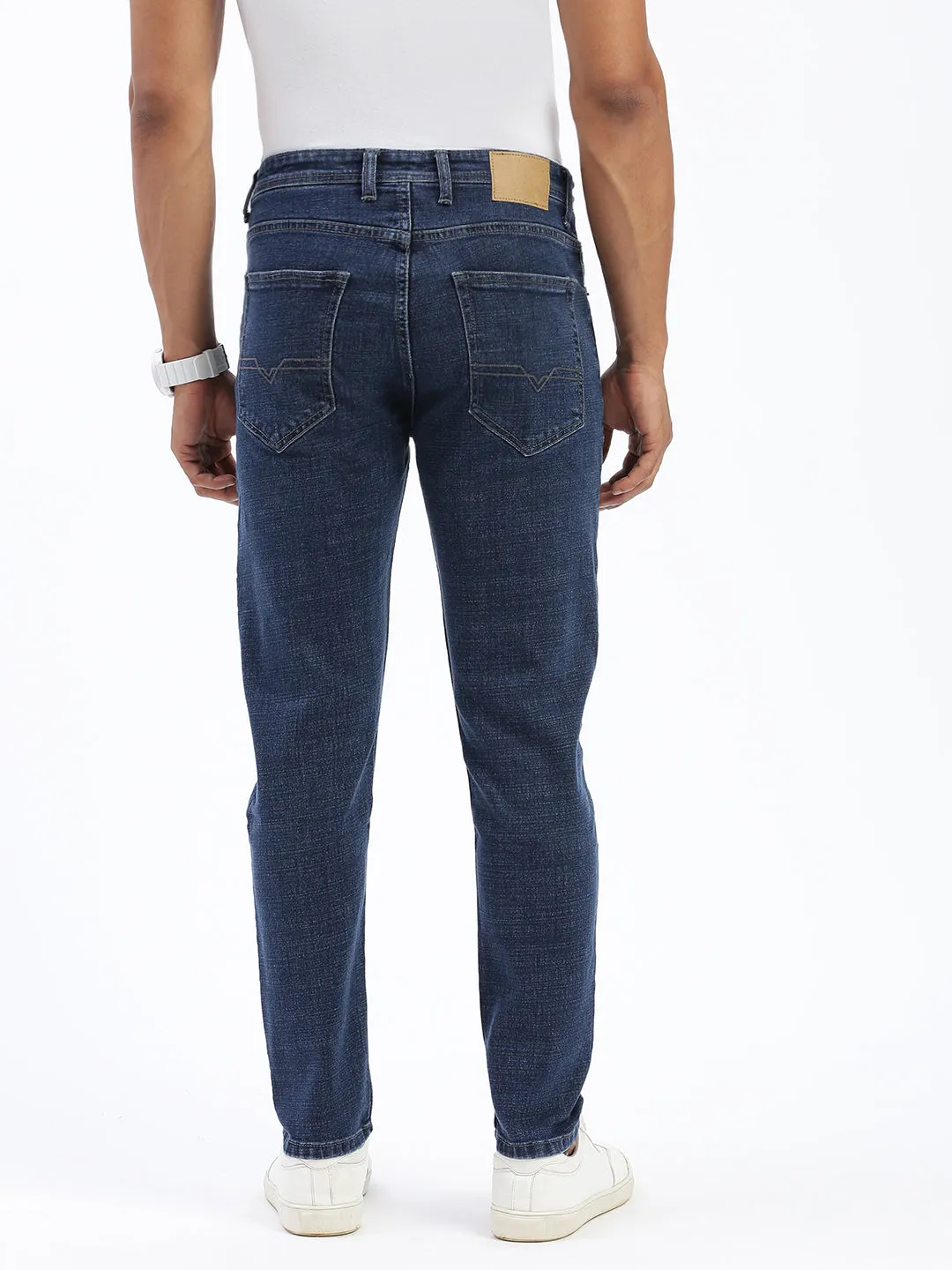Men Navy Blue Comfort Slim Fit Mid-Rise Cotton Light Fade Acid Wash Jeans