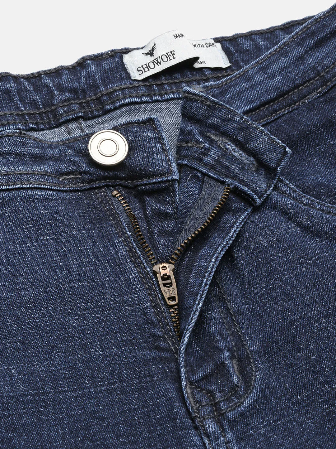 Men Navy Blue Comfort Slim Fit Mid-Rise Cotton Light Fade Acid Wash Jeans