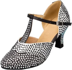 Minishion Women's TH136 Crystals T-Strap Satin Wedding Ballroom Latin Taogo Dance Pumps Shoes