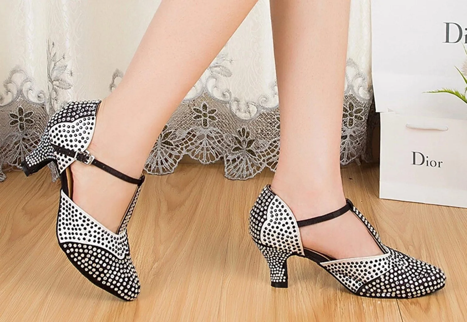 Minishion Women's TH136 Crystals T-Strap Satin Wedding Ballroom Latin Taogo Dance Pumps Shoes