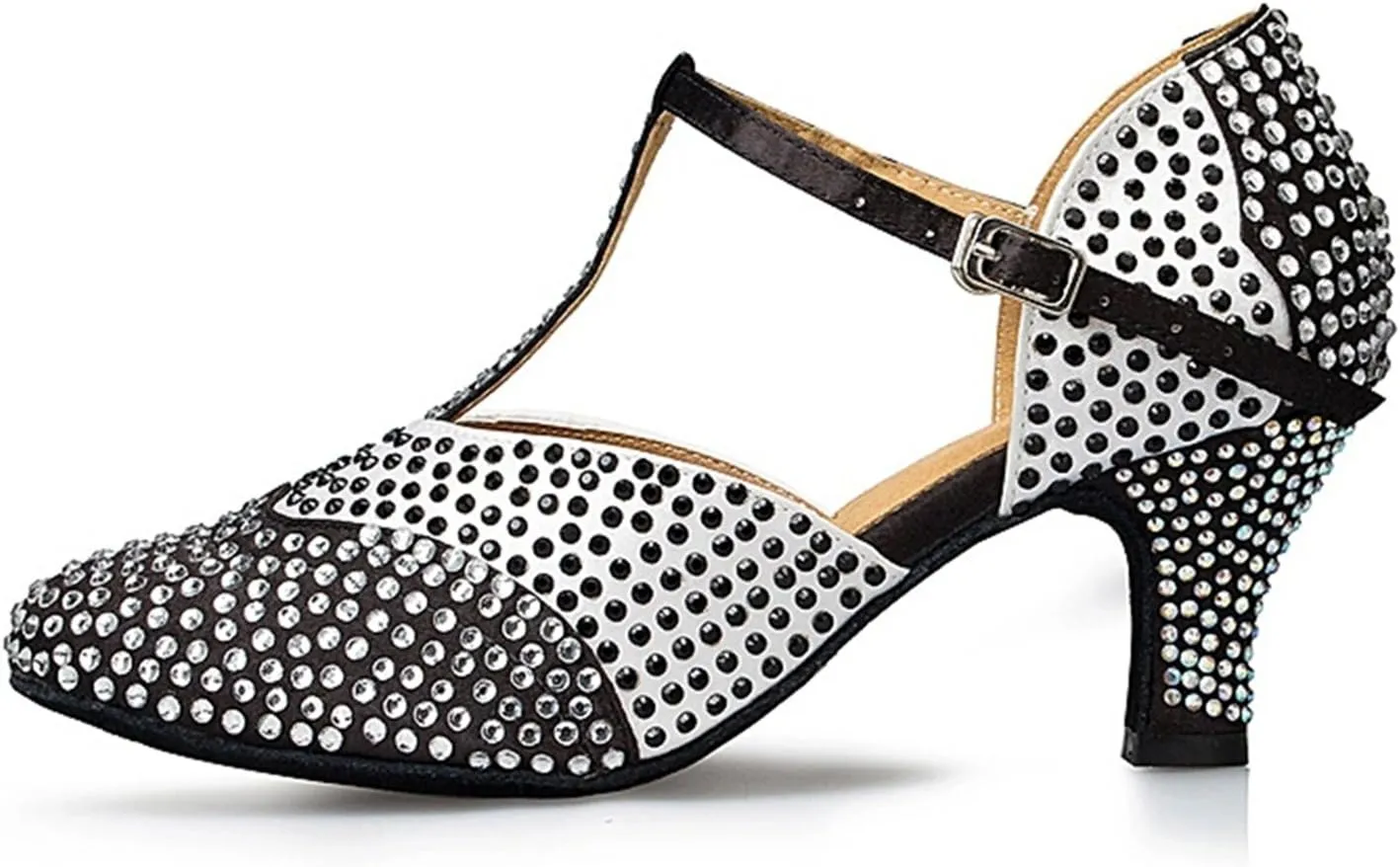 Minishion Women's TH136 Crystals T-Strap Satin Wedding Ballroom Latin Taogo Dance Pumps Shoes