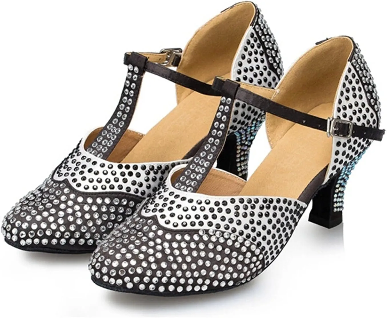 Minishion Women's TH136 Crystals T-Strap Satin Wedding Ballroom Latin Taogo Dance Pumps Shoes