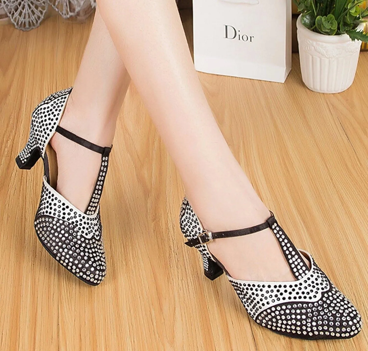 Minishion Women's TH136 Crystals T-Strap Satin Wedding Ballroom Latin Taogo Dance Pumps Shoes