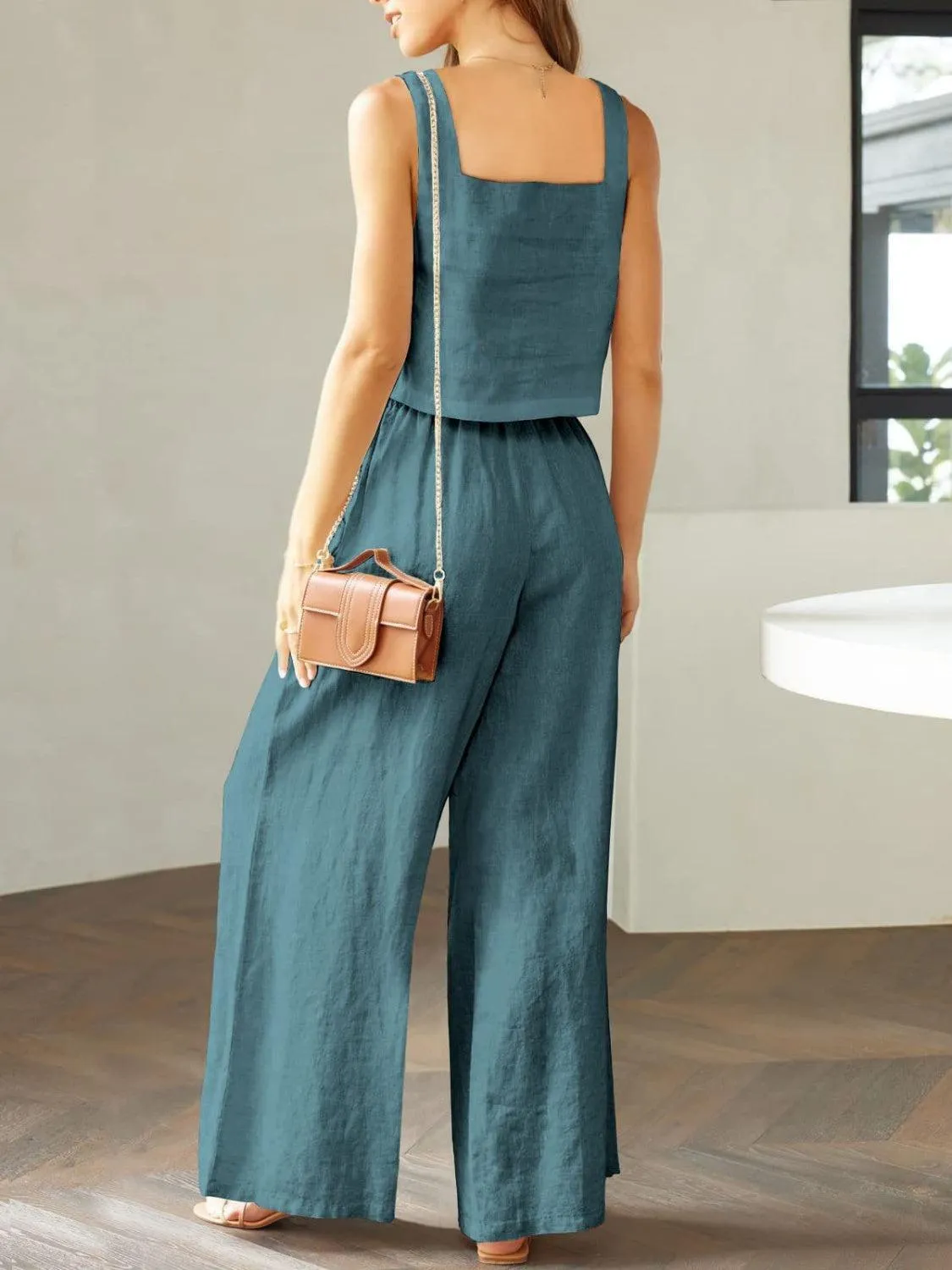 Modern Chic Square Neck Crop Top and Wide Leg Pants Set