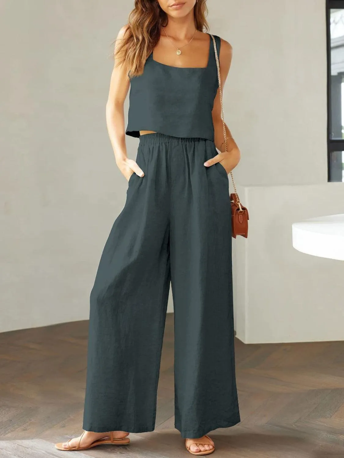 Modern Chic Square Neck Crop Top and Wide Leg Pants Set