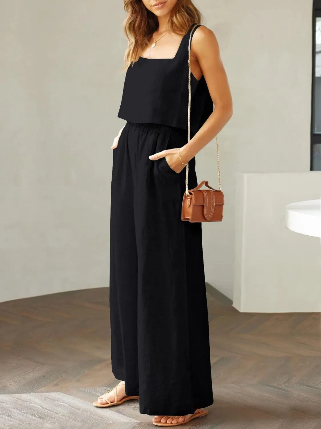Modern Chic Square Neck Crop Top and Wide Leg Pants Set