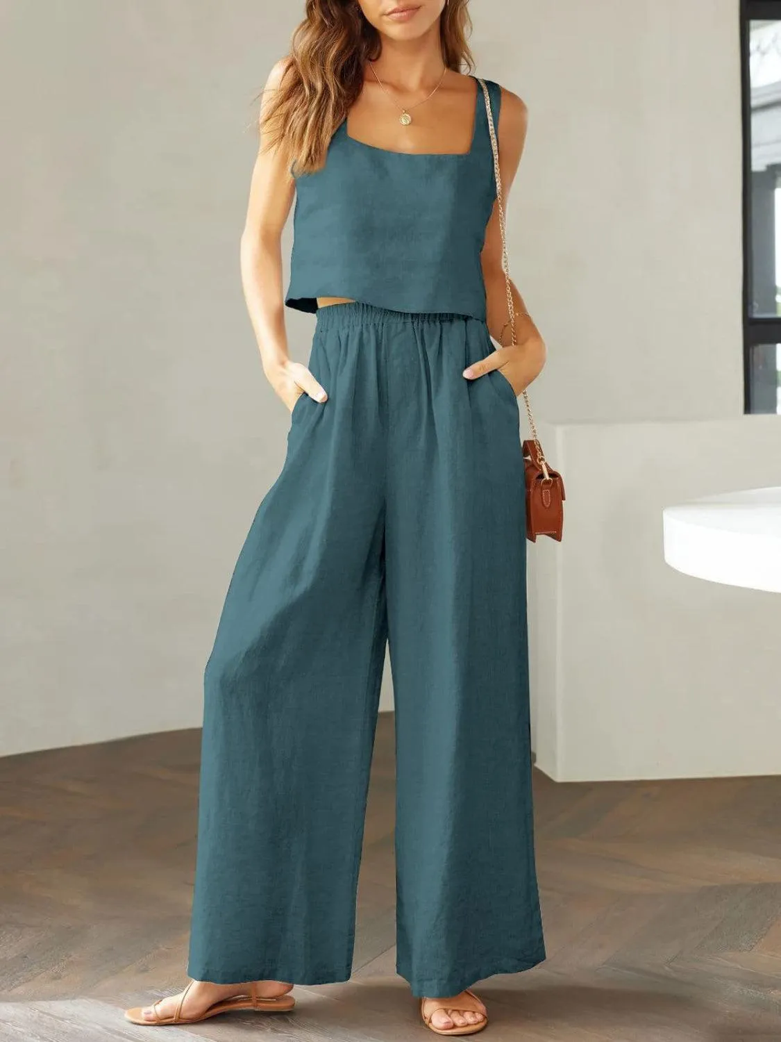 Modern Chic Square Neck Crop Top and Wide Leg Pants Set