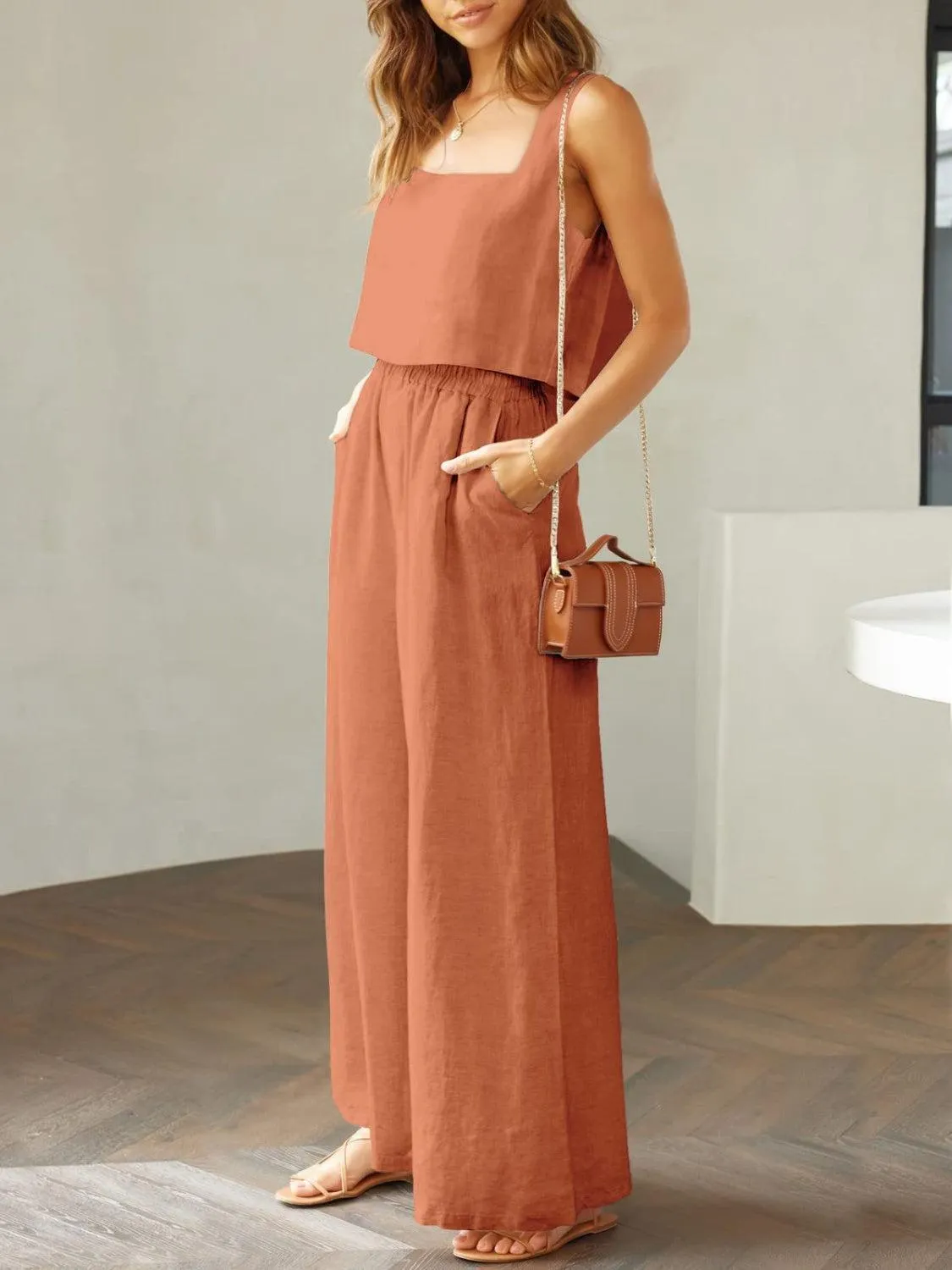 Modern Chic Square Neck Crop Top and Wide Leg Pants Set