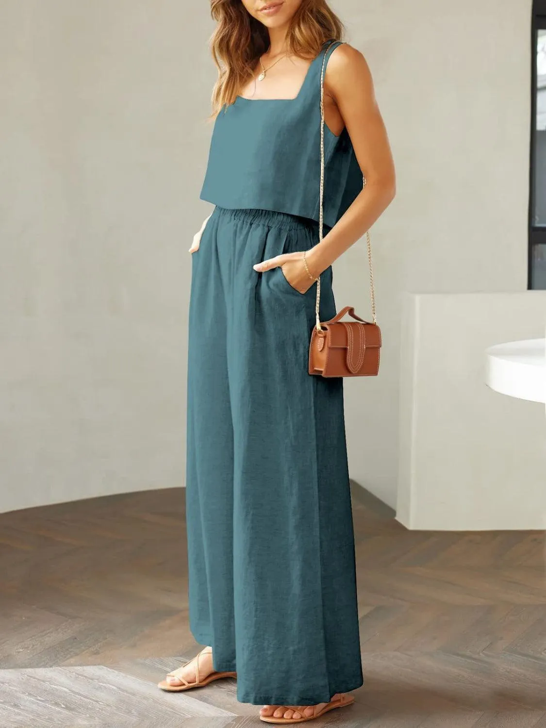 Modern Chic Square Neck Crop Top and Wide Leg Pants Set