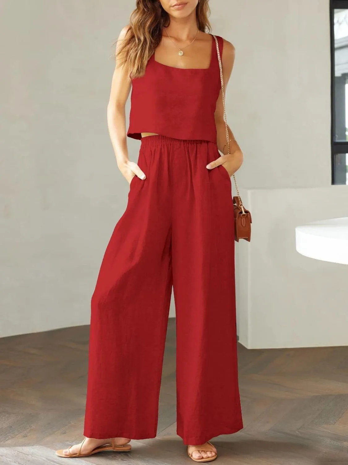 Modern Chic Square Neck Crop Top and Wide Leg Pants Set