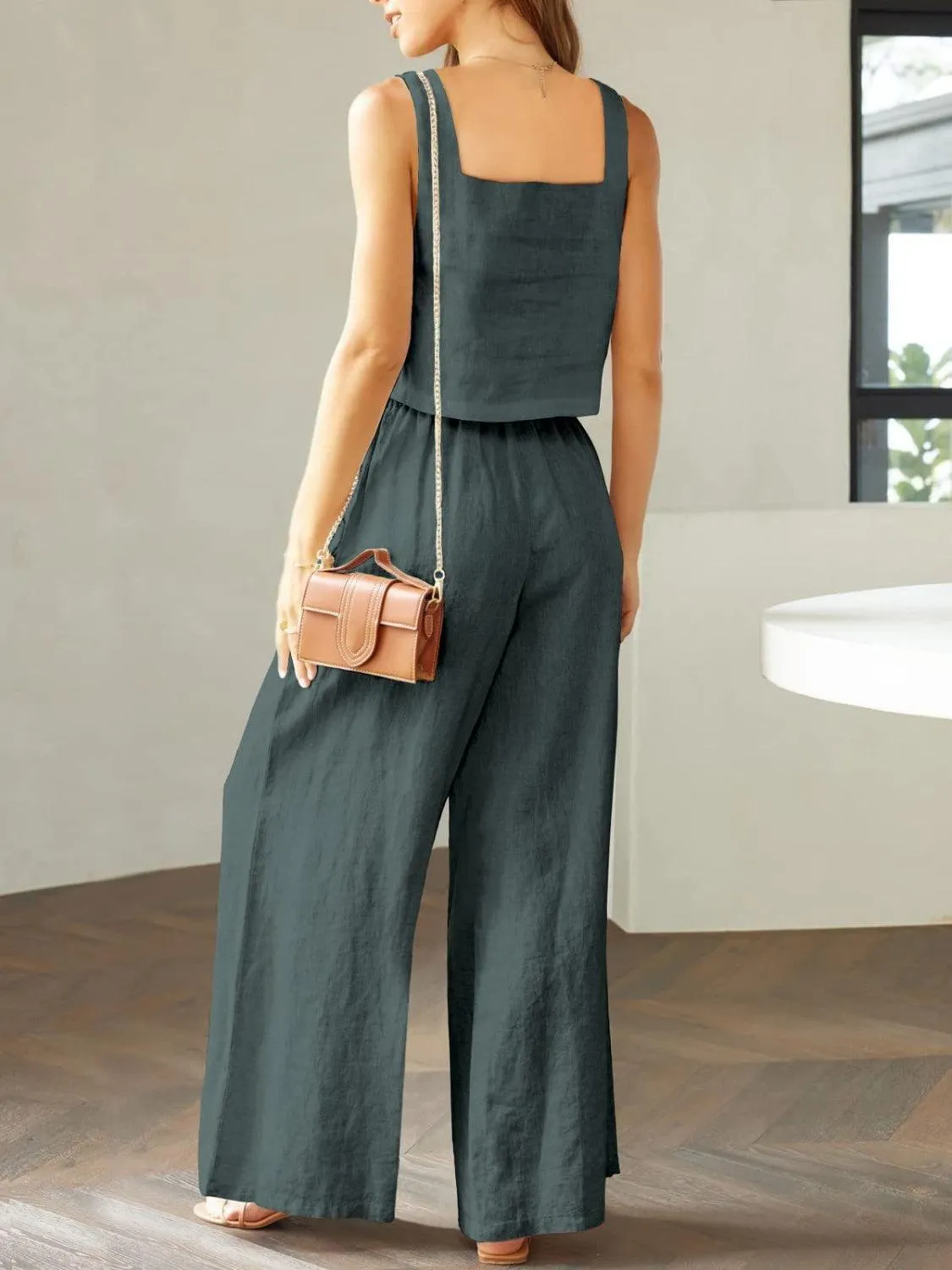 Modern Chic Square Neck Crop Top and Wide Leg Pants Set