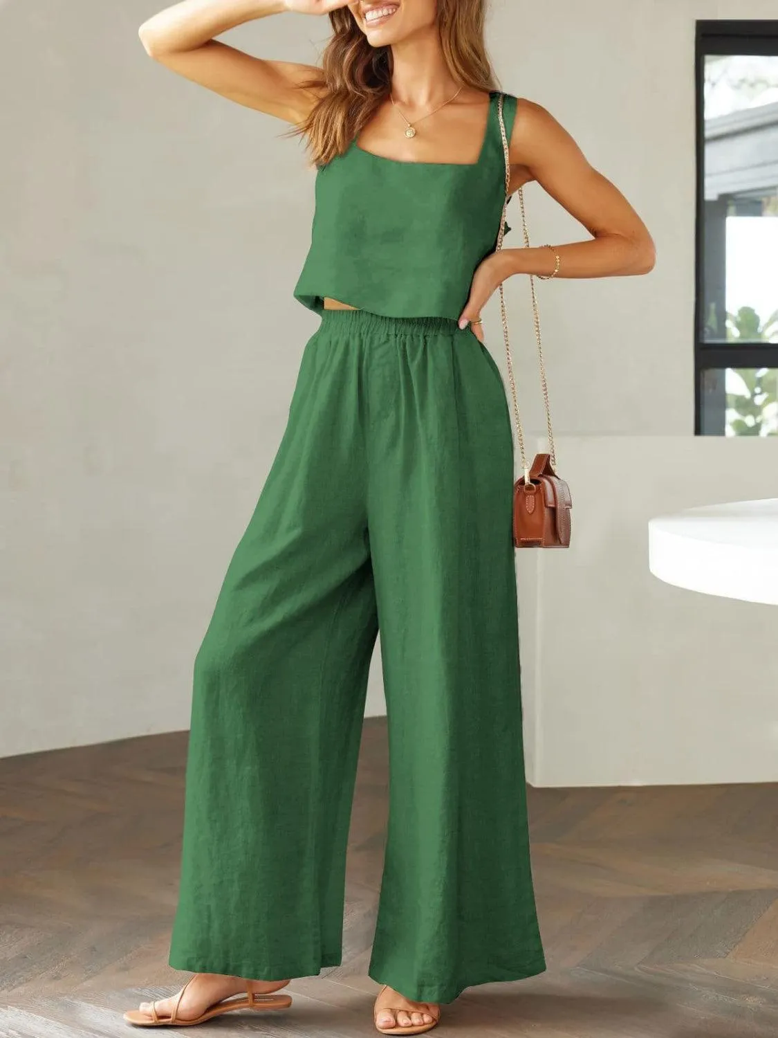 Modern Chic Square Neck Crop Top and Wide Leg Pants Set