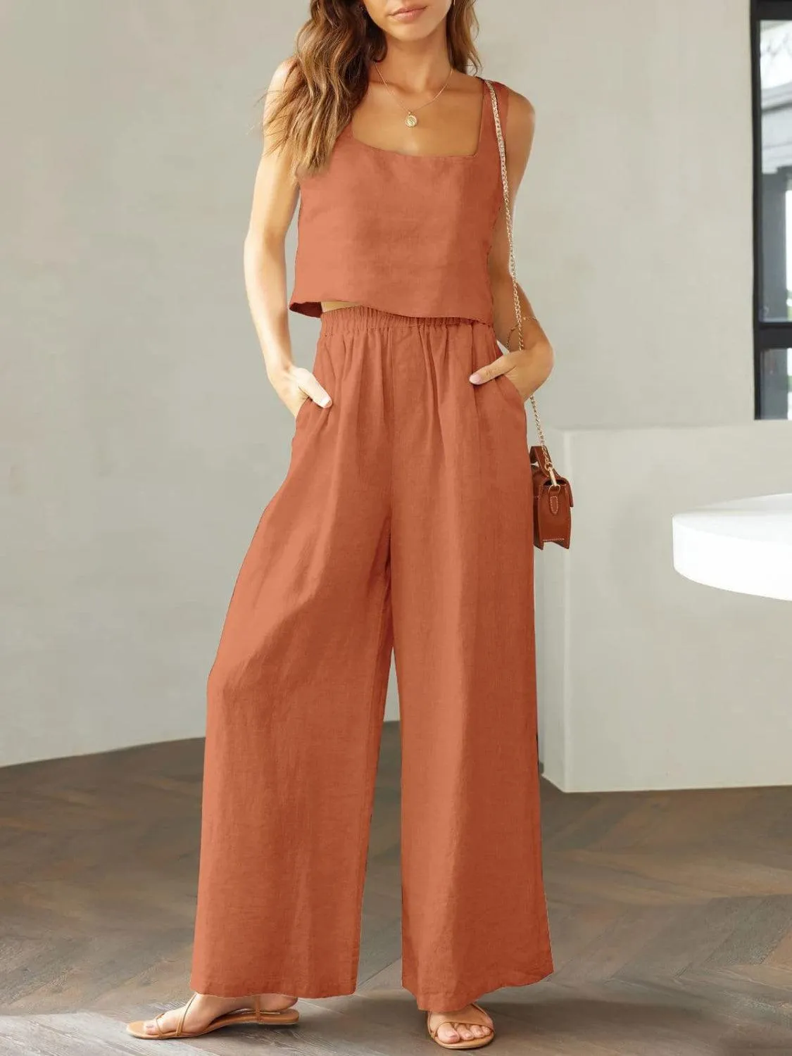 Modern Chic Square Neck Crop Top and Wide Leg Pants Set